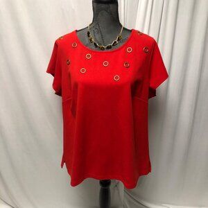 DB Est 1962 Top Womens Size 2X Red Gold Grommets Short Sleeves Blouse Office